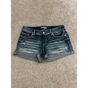 Reign Denim Shorts Womens 11 Dark Wash Excellent Curvy Whiskered Raw Hem